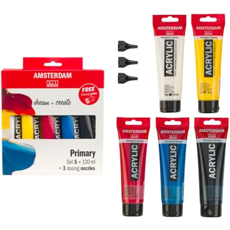 Amsterdam Standard Serie Acrylfarben Mischset, 5 x 120 ml Tuben in Titanweiß, Oxidschwarz, Azogelb hell, Naphtholrot mittel und Ultramarin + 3 gratis Dosierverschlüsse – Bild 1