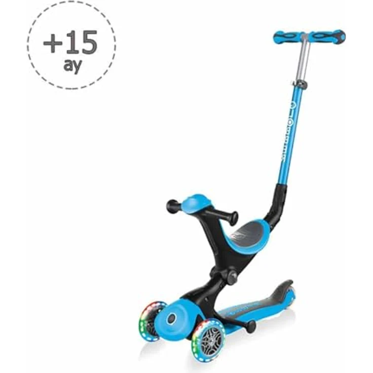 Globber Go-Up Deluxe Lights, Scooter mit Leuchtrollen, hellblau, 3-in-1 Nutzung, höhenverstellbar, für 15-36 Monate – Bild 2