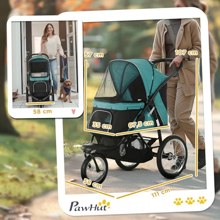 PawHut Hundewagen, klappbarer Hundebuggy für Hunde & Katzen bis 20 kg, Schwarz/Dunkelgrün, mit verstellbarem Sonnendach und Sicherheitsgurten – Bild 3