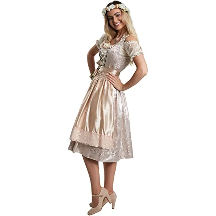 dressforfun Dirndl Frauenkostüm Midi-Dirndl Traunstein Modell 2, elegantes Tailliertes Dirndl mit feiner Schnürung und Strasssteinen, Beige und Silber – Bild 3