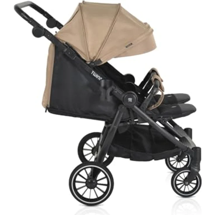 Moni Zwillingskinderwagen TwinGo Getränkehalter, Fußabdeckung, Hinterradbremse, braun – Bild 5