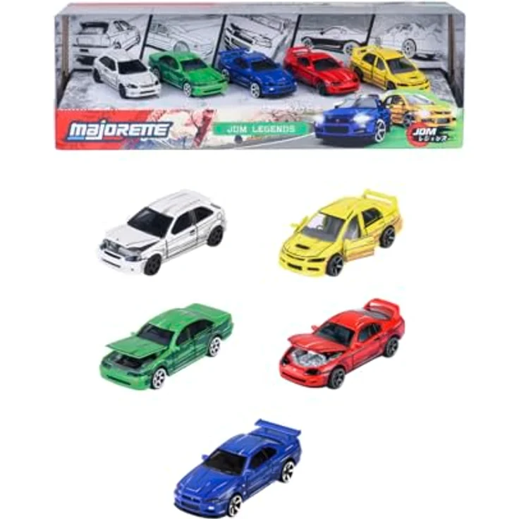 Majorette JDM Legends Giftpack, Set mit 5 Autos (Honda Civic TYPE R EK9, Nissan Cefiro A31, Nissan Skyline GT-R R34, Toyota Supra JZA80, Mitsubishi Lancer Evolution 9), Metall, Maßstab 1:64, 7,5 cm, Freilauf, dekorierte Box, offiziell lizenziert, für Kinder ab 3 Jahren – Bild 1
