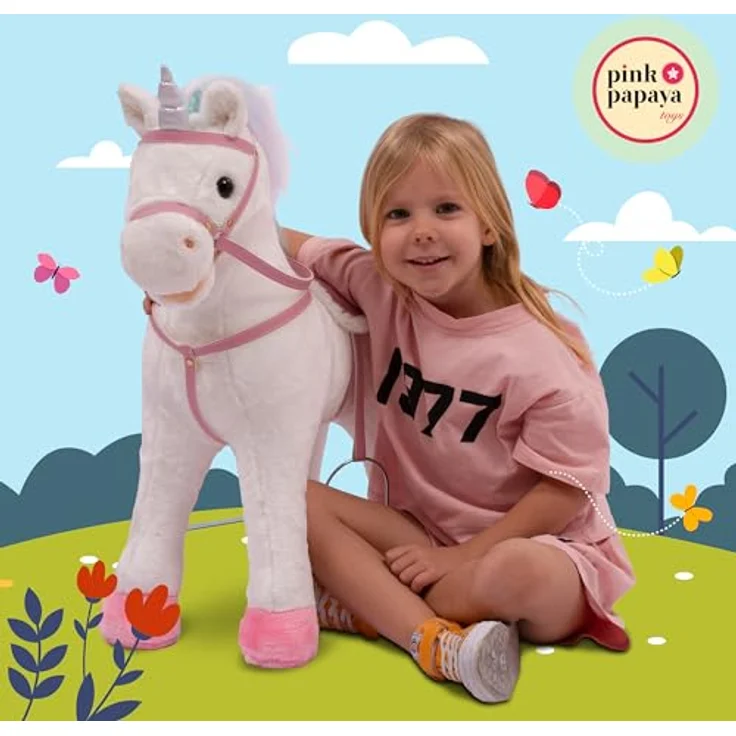 Pink Papaya Stehpferd zum draufsitzen | 60cm Spielpferd zum Reiten Rainbow | Pferd zum Reiten für Kinder mit Sound | Sattel Pferd – Bild 5