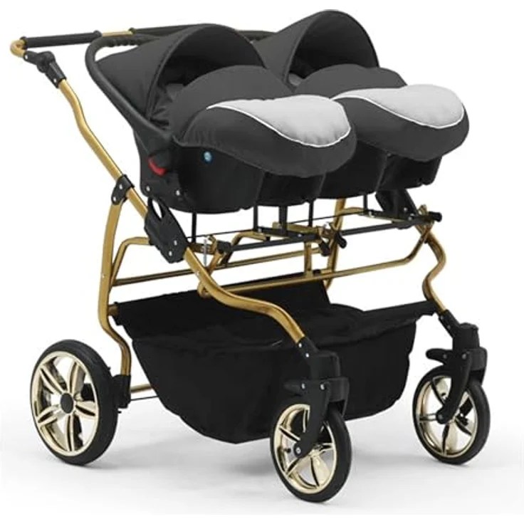 Elcar Zwillingskinderwagen 5 in 1 Duet Lux Goldedition inkl. Autositze und Iso Bases - 14 Teile - Luftbereifung, höhenverstellbarer Griff, in 20 Farben – Bild 4