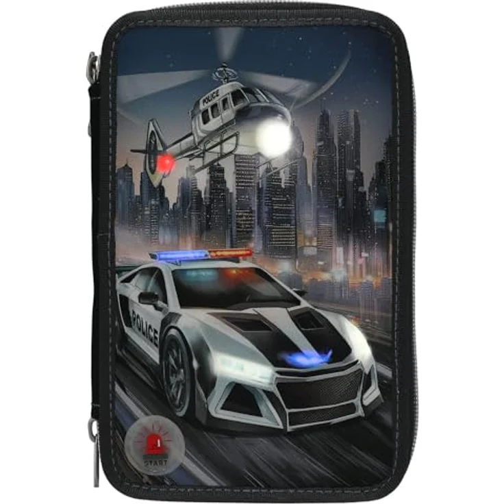Depesche Federmäppchen Monster Cars 3-Fach Federtasche LED mit Polizei-Motiv, inkl. 54 Stifte und Zubehör, 100% Polyester, 7,5 x 13 x 20 cm – Bild 2