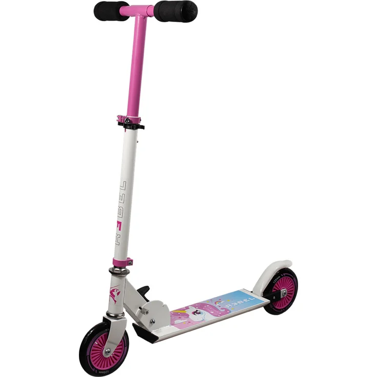 Rebel Scooter Unicorn - Einhorn, Aluminium Kinderscooter mit ABEC5 Präzisionskugellagern, farbenfrohes Design, 125 mm PU-Rollen, klappbar, gepolsterte Lenkergriffe, höhenverstellbar, Schutzblechbremse