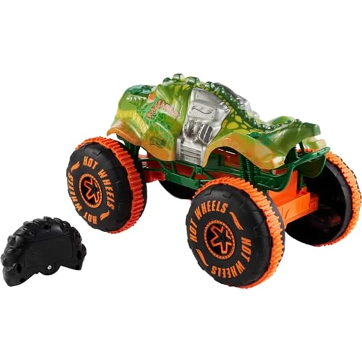 Hot Wheels R/C Rageasaur 1:15, ferngesteuerter Monster Truck mit Wheelie-Funktion und großen Profilreifen – Bild 3