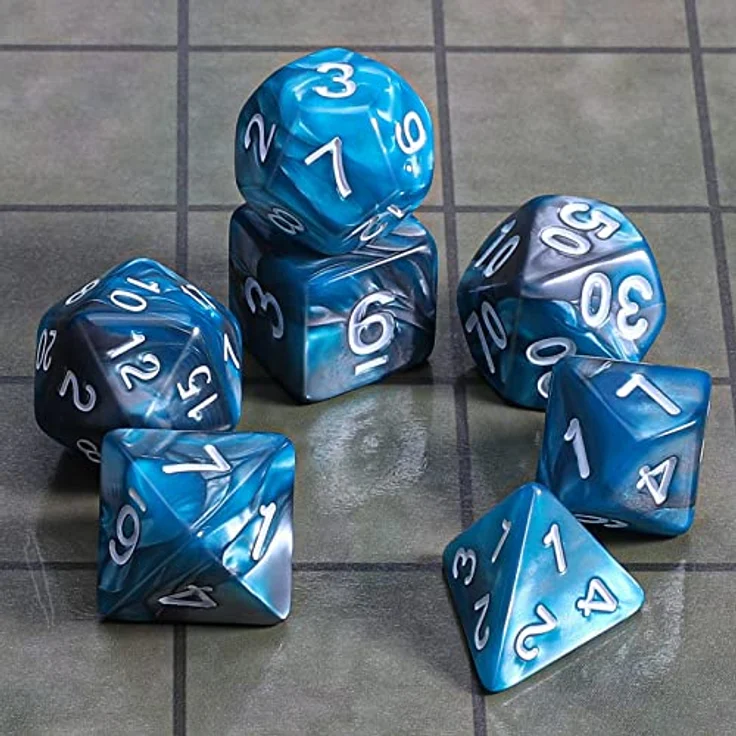 QMAY DND Dice Polyedrisches Würfel Set, 7 Stück für Dungeons und Dragons, Blau und Silber, Acryl, inklusive Samtbeutel, leicht ablesbar – Bild 2