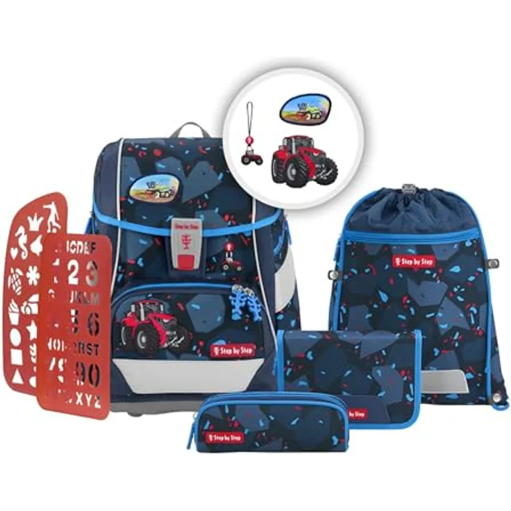 Step by Step Schulranzen-Set 2IN1 Plus „Tractor Freddy“ 6-teilig, blau, ergonomisch, höhenverstellbar, reflektierend, Traktor-Design, 19L