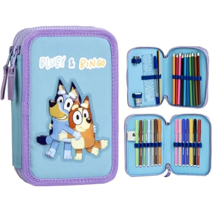 Bluey Federmäppchen gefüllt – Schulmäppchen mit Buntstiften, Filzstiften, Bleistiften und Zubehör, farbenfrohes Design – Bild 1