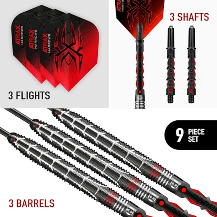 Harrows Atrax 95% Tungsten Darts, Darts-Set mit Stahlspitze, 6 Gewichte (21g-26g), Carbon ST-Schäfte & 100 Micron Atrax Red Flights – Bild 2