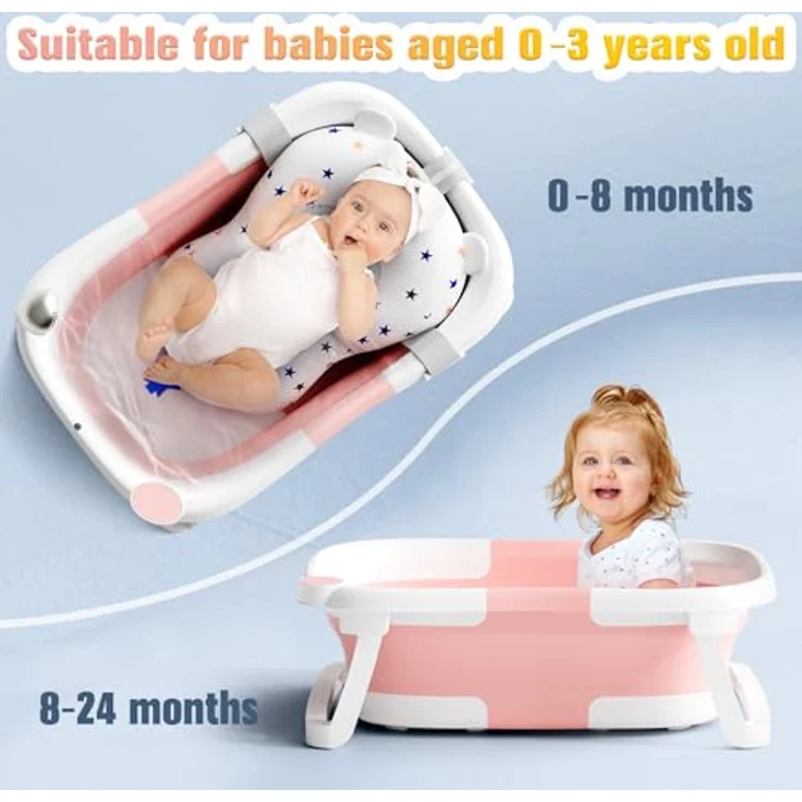 RABB 1ST Faltbare Babybadewanne, tragbare Babywanne mit rutschfester Matte und Abflussloch, Rosa, für Neugeborene und Kleinkinder – Bild 4