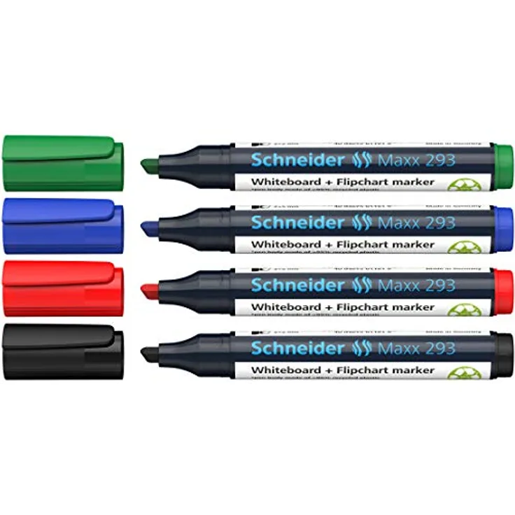 Schneider Maxx 293 Marker (für Whiteboards und Flipcharts, Keilspitze 2 + 5 mm Strichstärke, rückstandsfrei trocken abwischbar, hohe Qualität, kräftig und farbintensiv) Etui mit 4 Farben - Preisvergleich
