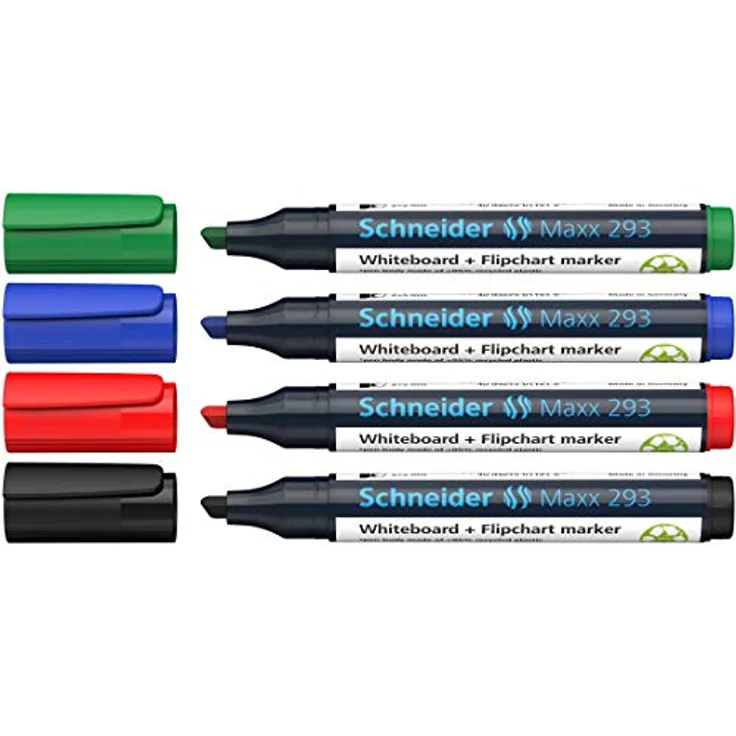 Schneider Maxx 293 Marker (für Whiteboards und Flipcharts, Keilspitze 2 + 5 mm Strichstärke, rückstandsfrei trocken abwischbar, hohe Qualität, kräftig und farbintensiv) Etui mit 4 Farben - Preisvergleich – Bild 1