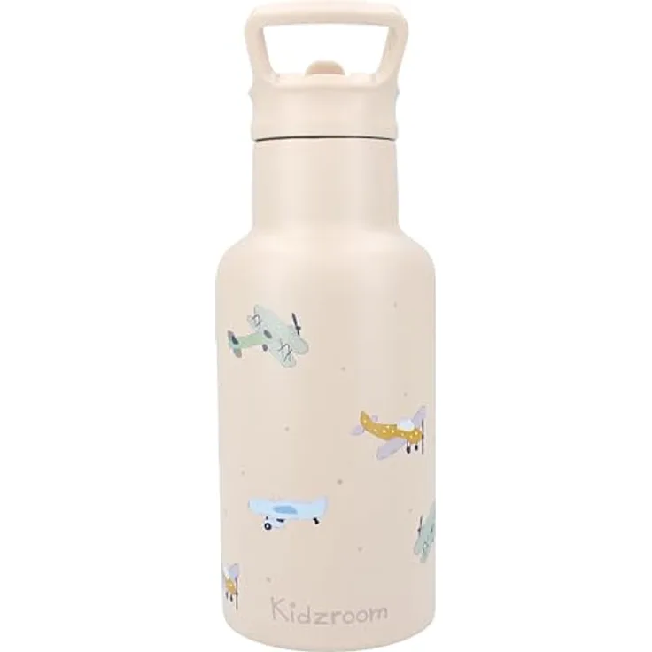 Kidzroom Trinkflasche Flugzeuge, isolierte Edelstahl Kinderflasche, 350ml