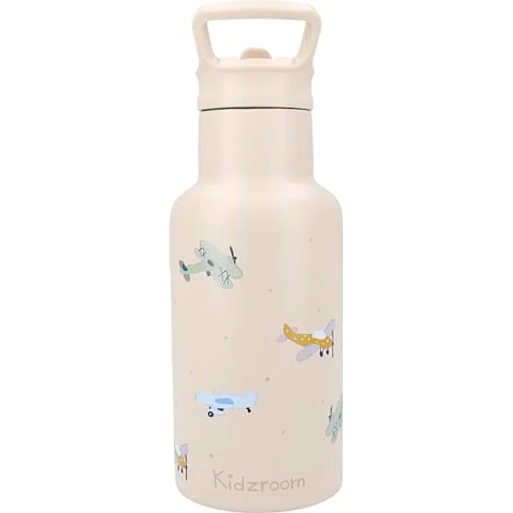 Kidzroom Trinkflasche Flugzeuge, isolierte Edelstahl Kinderflasche, 350ml – Bild 1