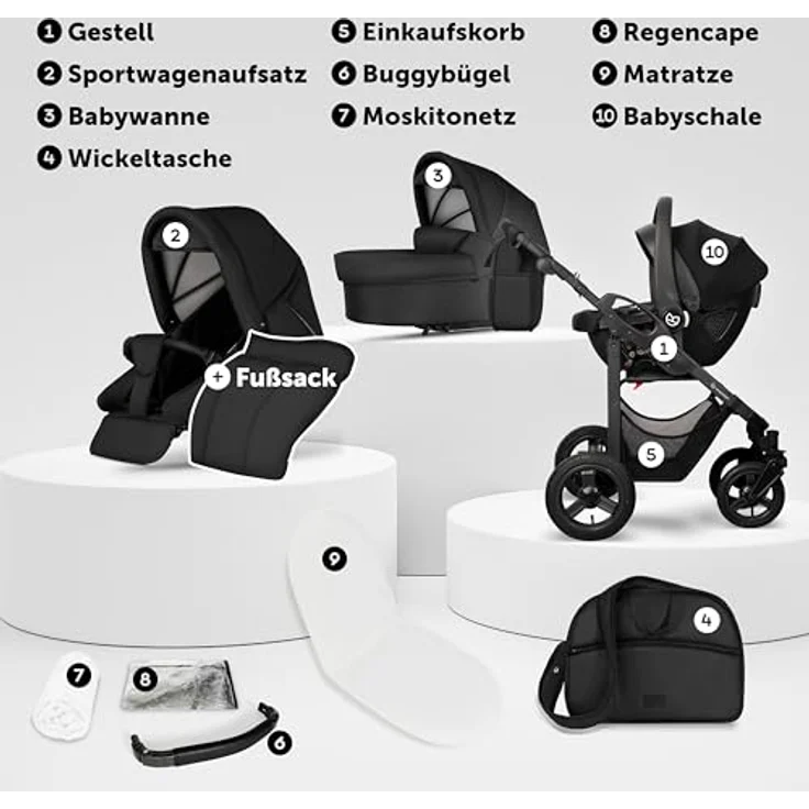 Bergsteiger Capri Kombikinderwagen 3-in-1, Babywanne, Sportsitz & i-Size Babyschale, Luftreifen, Federung, höhenverstellbarer Griff, faltbar, inkl. Zubehör – Bild 3