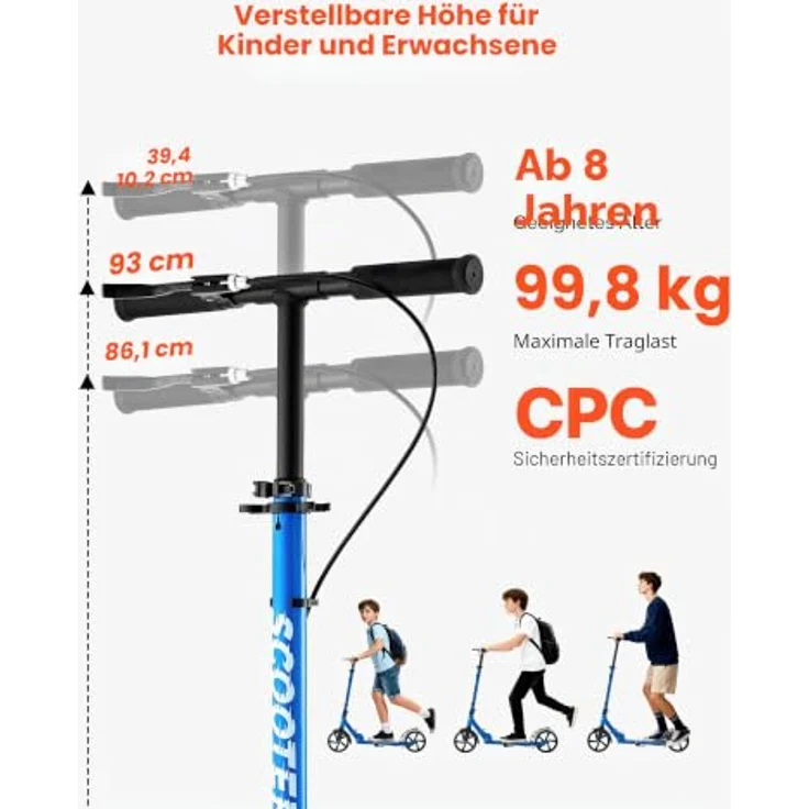 VEVOR Scooter 2-Räder, Faltbarer Kinderroller mit höhenverstellbarem Lenker (33,9-39,4 Zoll), rutschfestem Deck, Handbremse, bis 100 kg, Schwarz + Blau – Bild 2