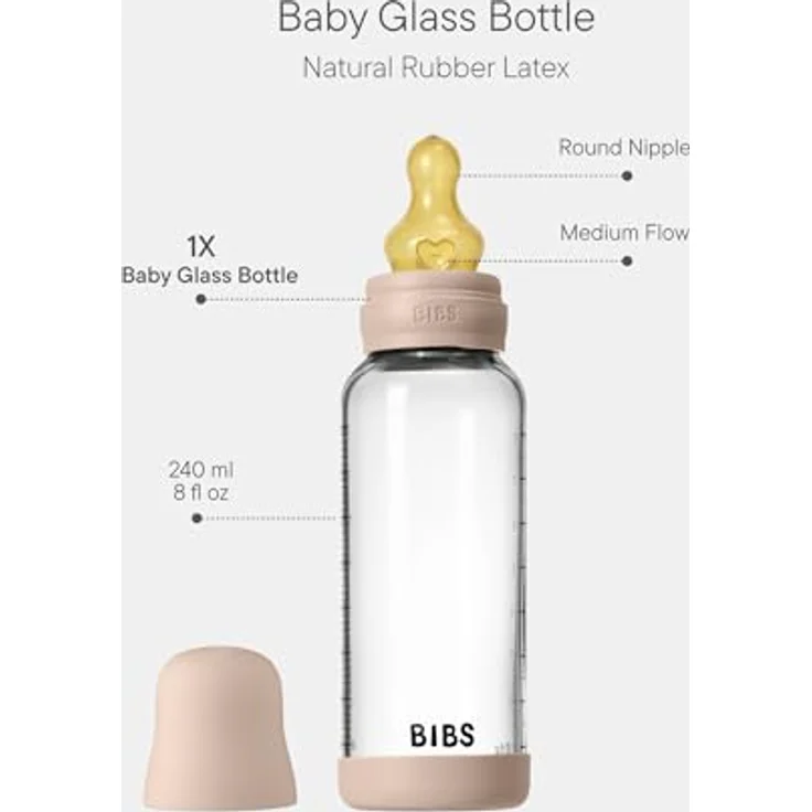 BIBS Baby Glasflasche 240ml, runder Sauger aus Naturkautschuklatex, unterstützt das Stillen, Blush, hergestellt in Dänemark – Bild 2