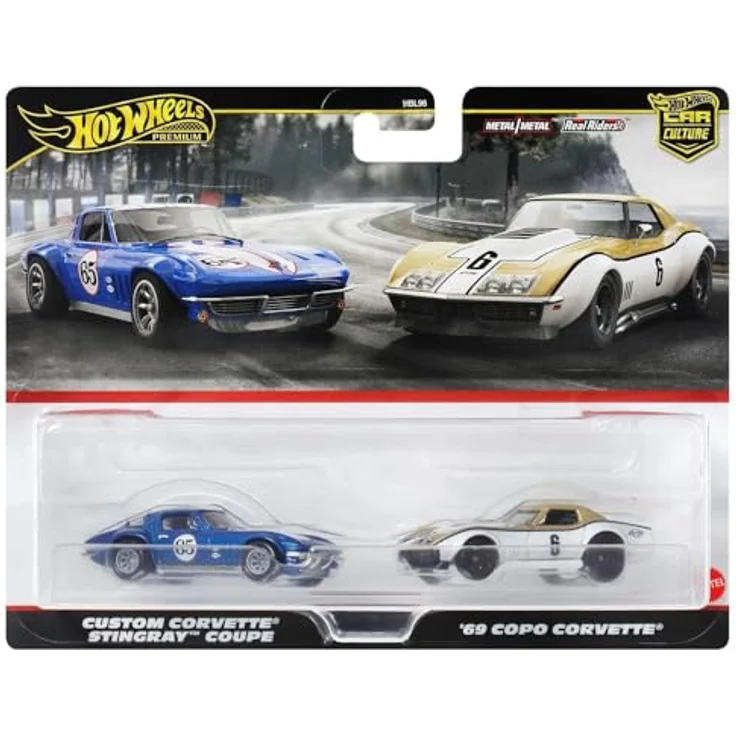 Mattel Hot Wheels HRR80 Premium Corvette COPO '69 Stingray Coupe, Mini-Spielzeugauto für 3-Jährige, Blau, 2er Set – Bild 4