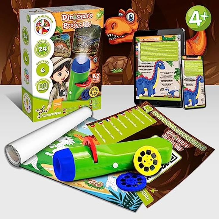 Science4you Dino Taschenlampe, Projektor für Kinder ab 4 Jahren mit 24 Dinosaurier-Bildern und A2-Poster, Lernspielzeug und Geschenk für kleine Paläontologen – Bild 3