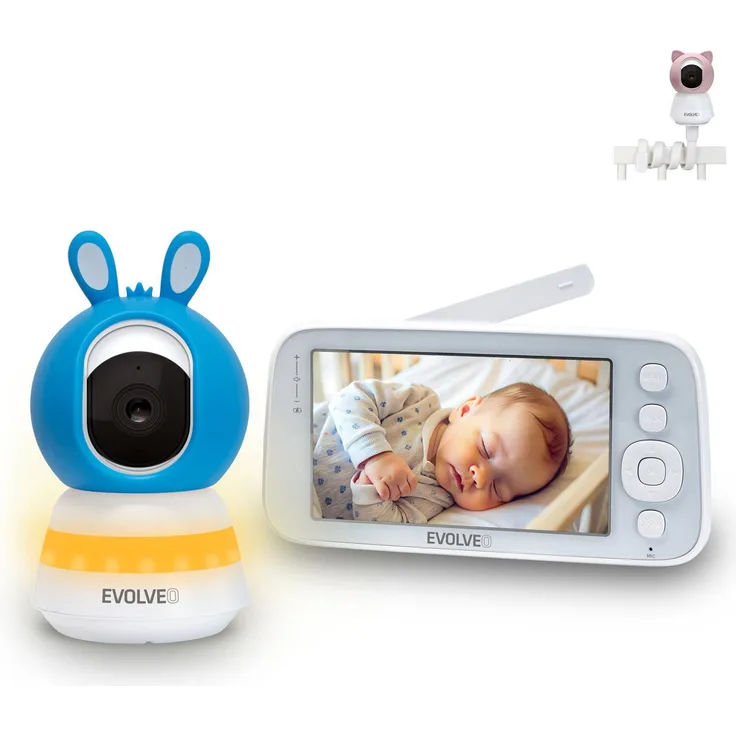 Evolveo Babyphone N5, 5-Zoll-LCD-Monitor mit 360° drehbarer Kamera, App-Steuerung, Nachtsicht und Nachtlicht, blau
