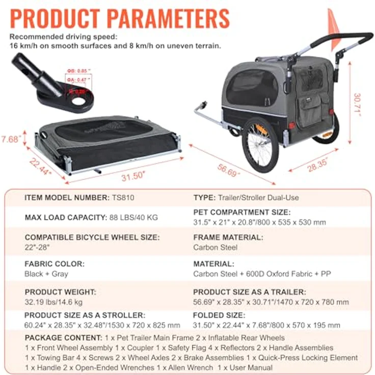 VEVOR 2-in-1 Hundeanhänger Fahrradanhänger & Kinderwagen, 40 kg Tragfähigkeit, faltbar, Kohlenstoffstahl, 600D Oxford-Gewebe, 1470 x 720 x 780 mm als Anhänger, 1530 x 720 x 825 mm als Jogger – Bild 7