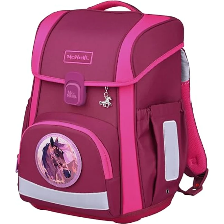 McNeill Schulranzen-Set BRAVO 9tlg. mit ergonomischem ClickFlex-Rückensystem, 21L Volumen, lila Pferde-Design, inkl. gefülltem Etui, Sportbeutel und Trinkflasche – Bild 3
