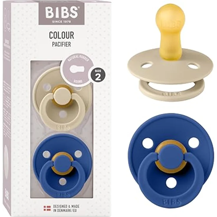 BIBS Colour Schnuller 2er-Pack, BPA-frei, Kirschform Nippel. Naturkautschuk/Latex, Hergestellt in Dänemark. 6-18 Monate (2er Pack), Vanilla/Cornflower – Bild 2