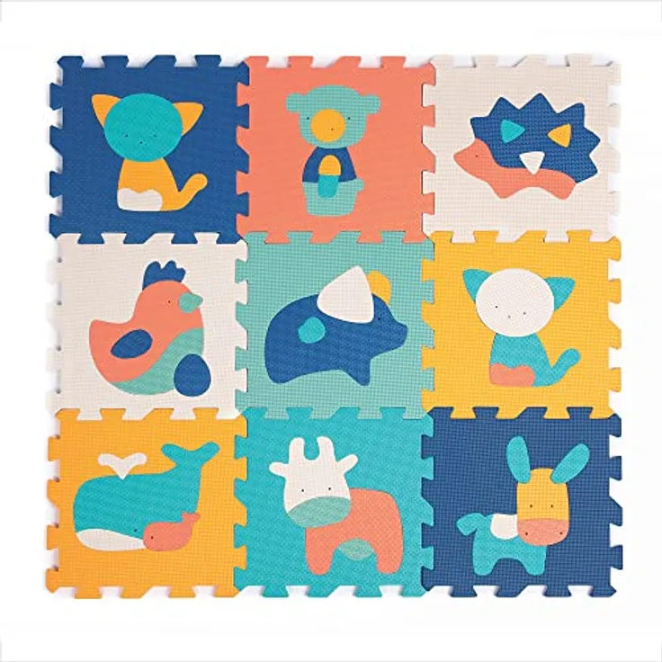 LUDI 10023 9 Schaumstoff-Fliesen mit Tiermotiven – Bodenmatte – Riesiges Puzzle – ab 10 Monaten Schaumstofffliesen, Multicolores