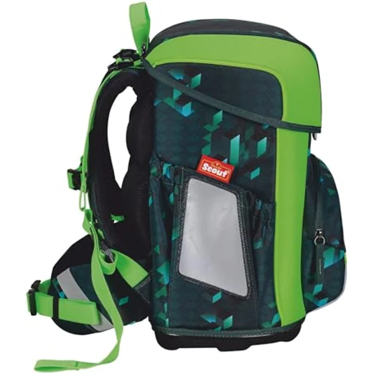 Scout Basic Neo Set 4-teilig Cubes, Schulranzen-Set mit reflektierender und fluoreszierender Oberfläche, inklusive 2 passenden Schlampermäppchen und Sportbeutel, blau – Bild 3