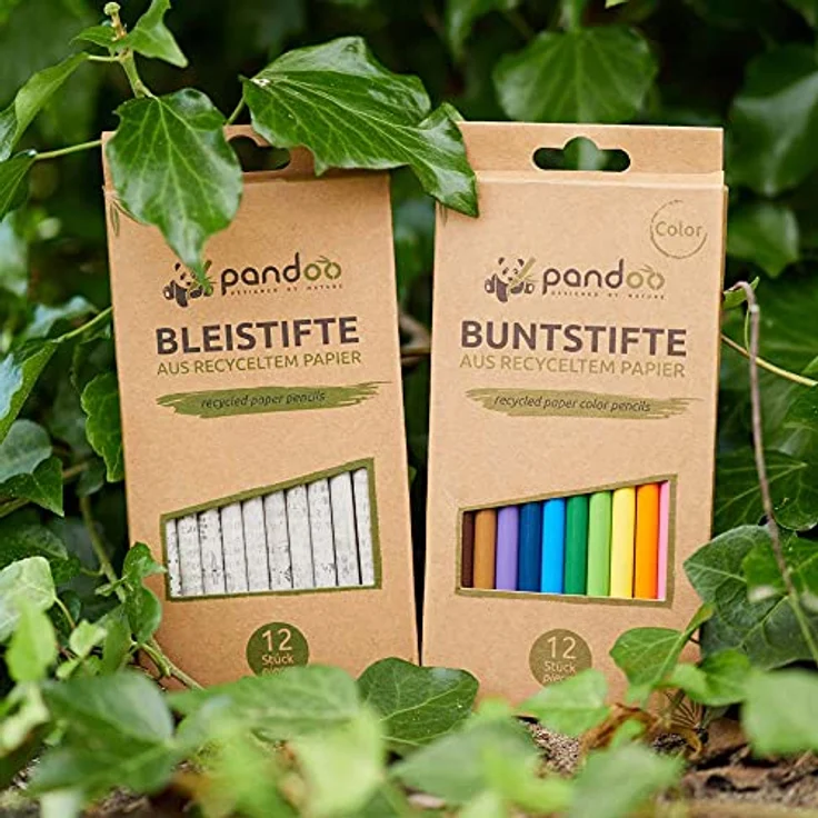 pandoo 12 Buntstifte aus recyceltem Zeitungspapier | Umweltfreundliche Farben: schwarz, braun, lila, blau, grün, gelb, orange, rosa, rot | CO2-neutrale Lieferung, plastikfreie Verpackung – Bild 4