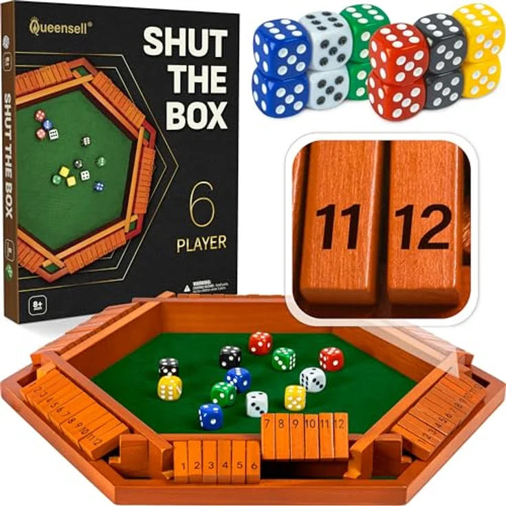 Queensell Shut the Box - Spielbrett aus Holz für 1–6 Spieler, 40 cm (16 Zoll) mit 12 Zahlen, rutschfesten Füßen und Filzpolsterung, ideal für den Spieleabend – Bild 1