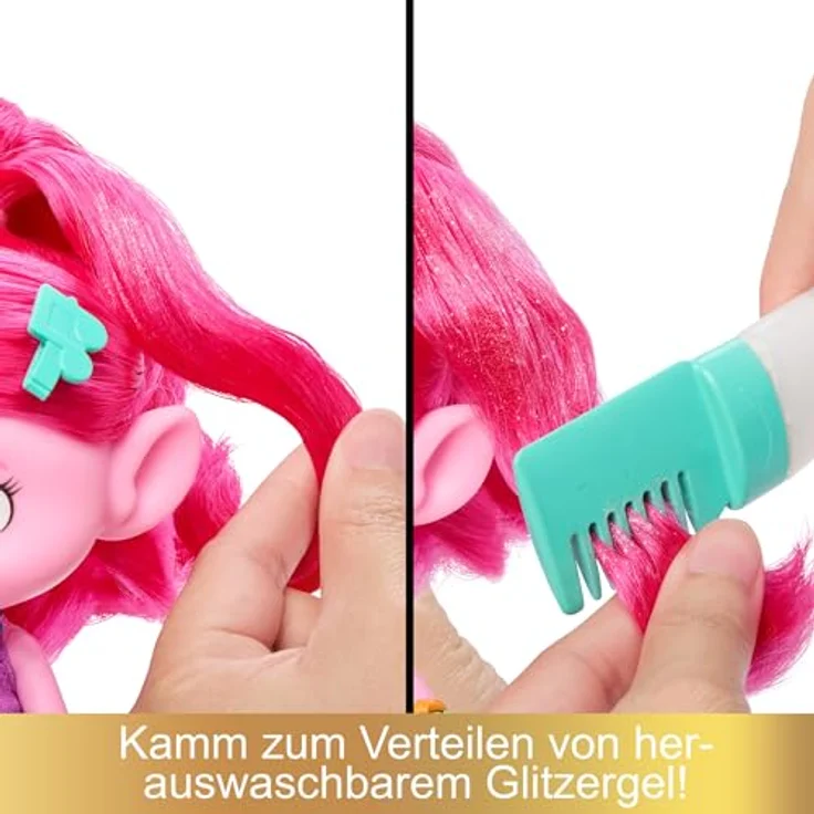 DREAMWORKS TROLLS Gemeinsam Stark – Haar-tastische Königin Poppy-Modepuppe - 15+ Zubehörteile, Glitzerkamm, herauswaschbares Glitzergel, für Kinder ab 3 Jahren, HNF25 – Bild 4
