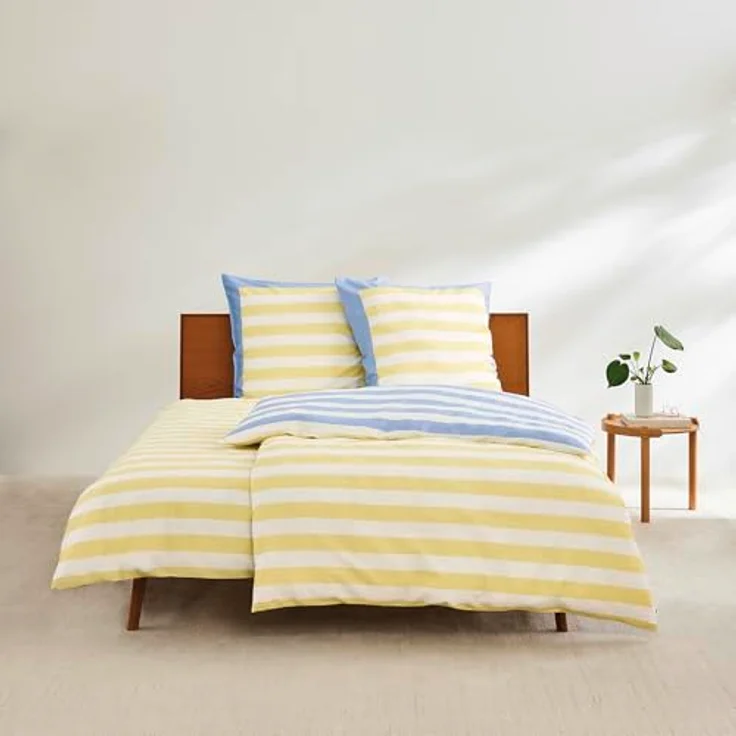s.Oliver Mako Satin Bettwäsche 135x200 cm, 100% Baumwolle, anschmiegsam & weich, Blockstreifen Muster, blau gelb, 2-teilig – Bild 2