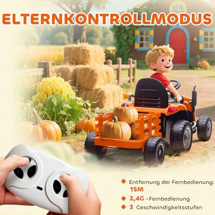 AIYAPLAY Elektrischer Kinder Traktor mit Anhänger, Aufsitztraktor mit Fernbedienung, 2 Motoren, 3-Gang, Musik und Hupe, Sanft Start, 3-5 km/h, Orange, für 3-8 Jahre – Bild 5