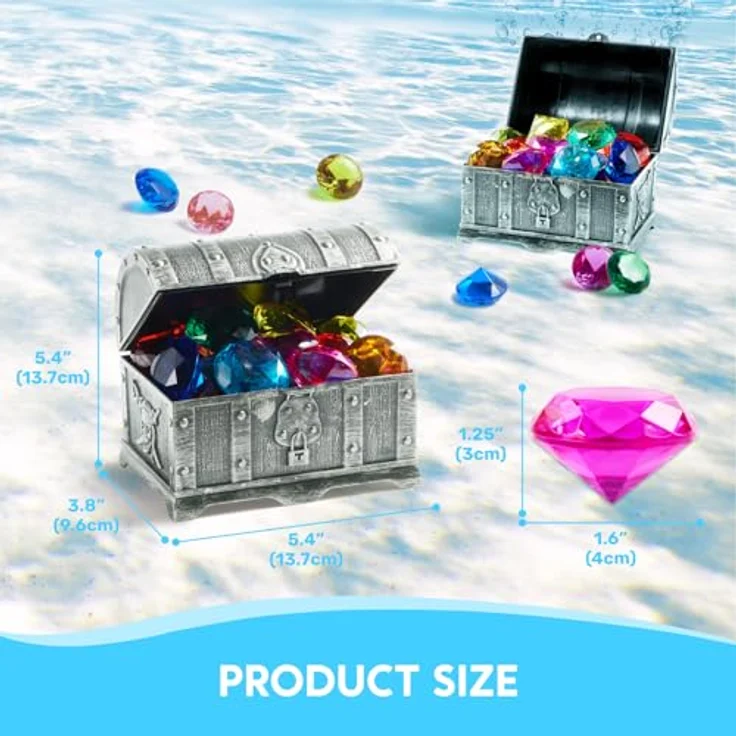 Sloosh Sloosh Tauchjuwel Pool Spielzeug, 19 bunte Diamanten mit Piraten Schatzkiste, Acryl Tauchspielzeug für Kinder, Unterwasser Edelstein in Grau – Bild 3