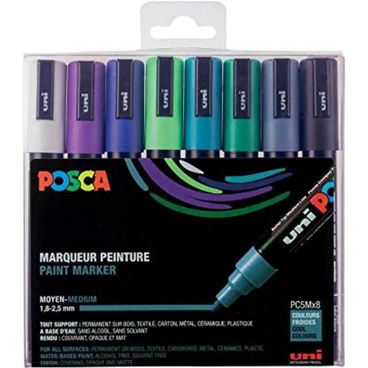 POSCA Mitsubishi Pencil – 8 Marker PC5M – konische Spitze – kalte Farben, mittlere Spitze, Marker auf Wasserbasis – für Papier, Textilien, Glas, Kiesel, Holz – Bild 1
