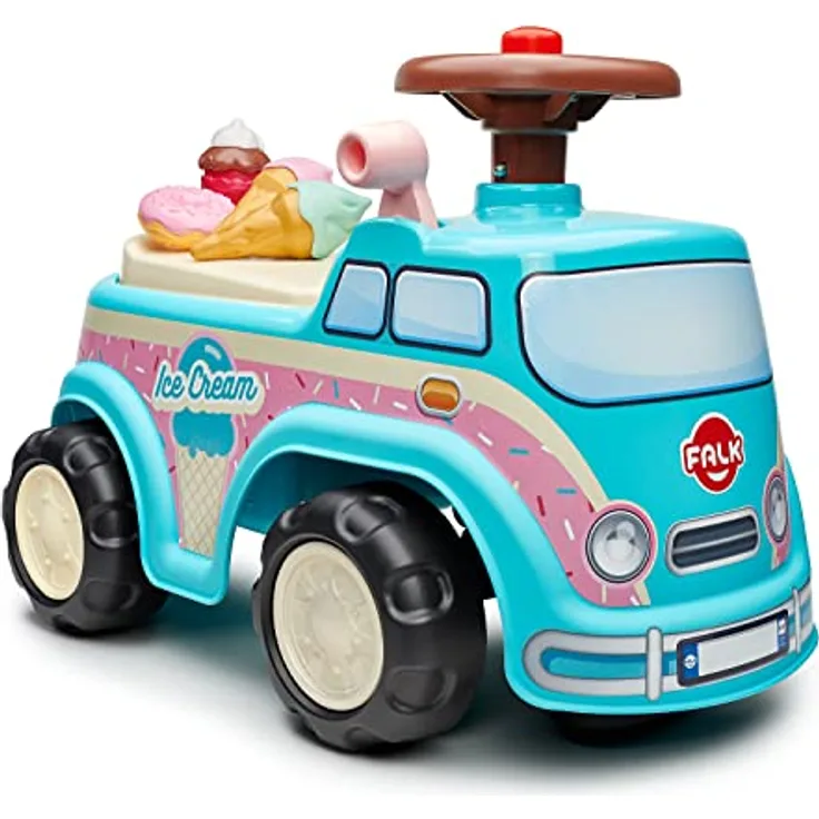 Falk Träger 708, Rutschauto mit Aufbewahrung unter dem Sitz, für motorische Entwicklung, inklusive Zubehör in Form von Eis, Donut und Cupcake, hergestellt in Frankreich