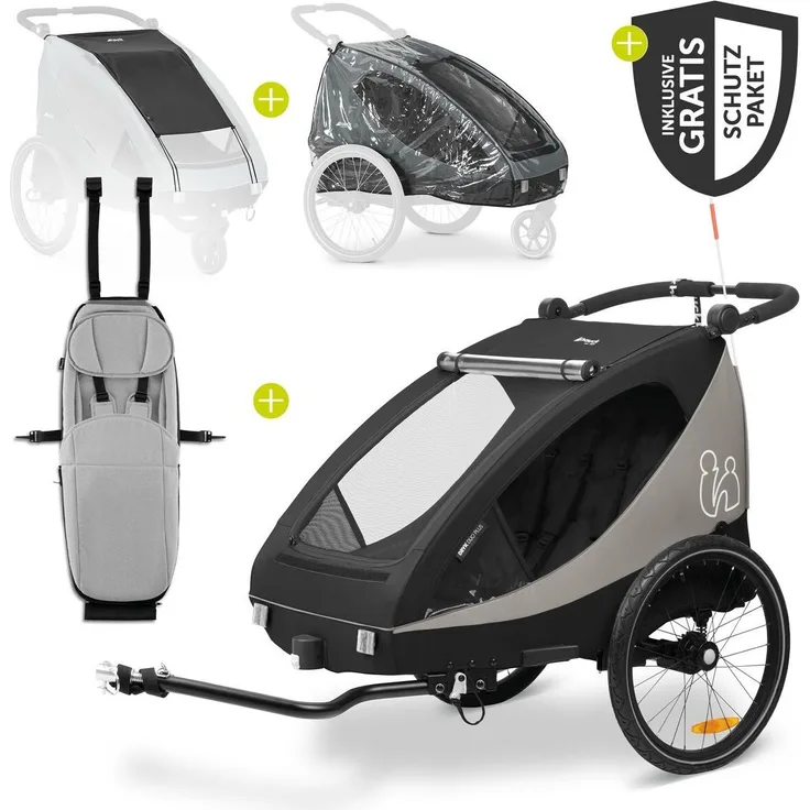 Hauck 2in1 Fahrradanhänger Sparset Dryk Duo Plus, mit Babysitz, wetterfestem Schutzpaket und höhenverstellbarem Schiebegriff