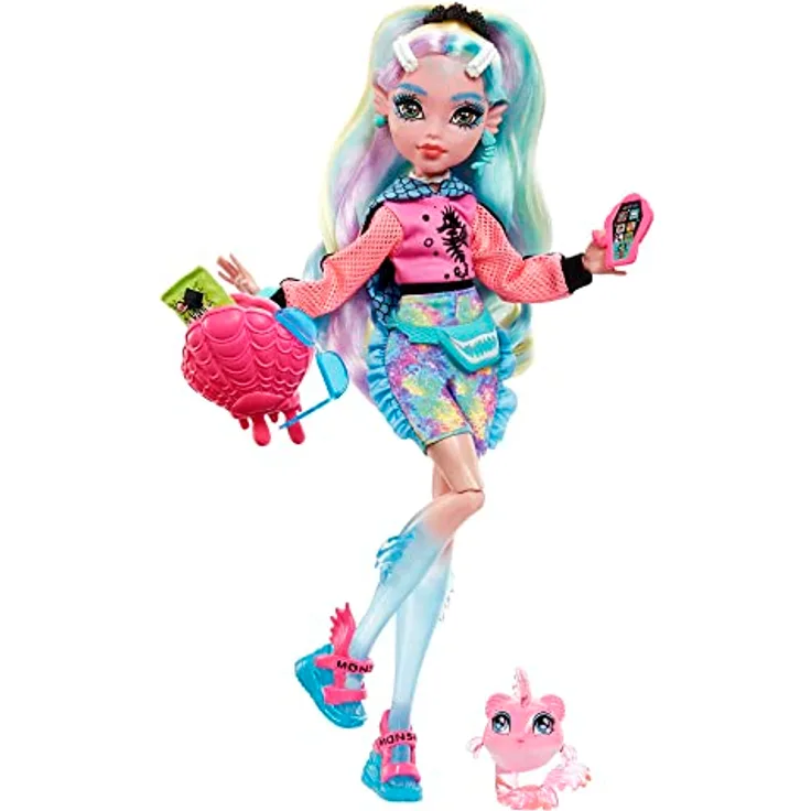MONSTER HIGH Lagoona Blue Puppe - Pink Hoodie, Batik-Bikeshorts, Plateausandalen, Flossen, Zubehör, für Kinder ab 6 Jahren, HHK55