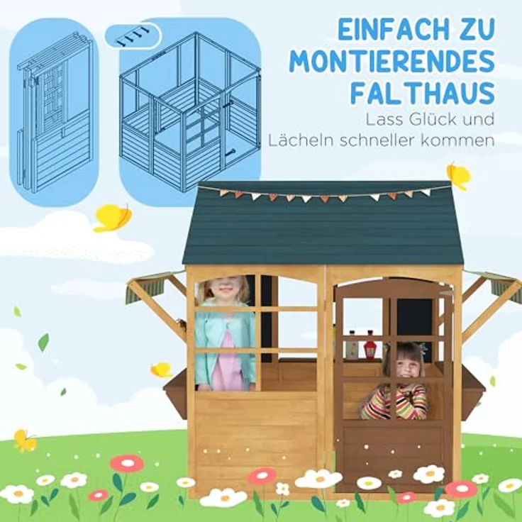 AIYAPLAY Spielhaus aus Holz Faltbar, Outdoor Kinderhaus mit 5 Fenstern, Tür, Fensterbank, Regenkappen für Kinder 3-8 Jahre – Bild 4