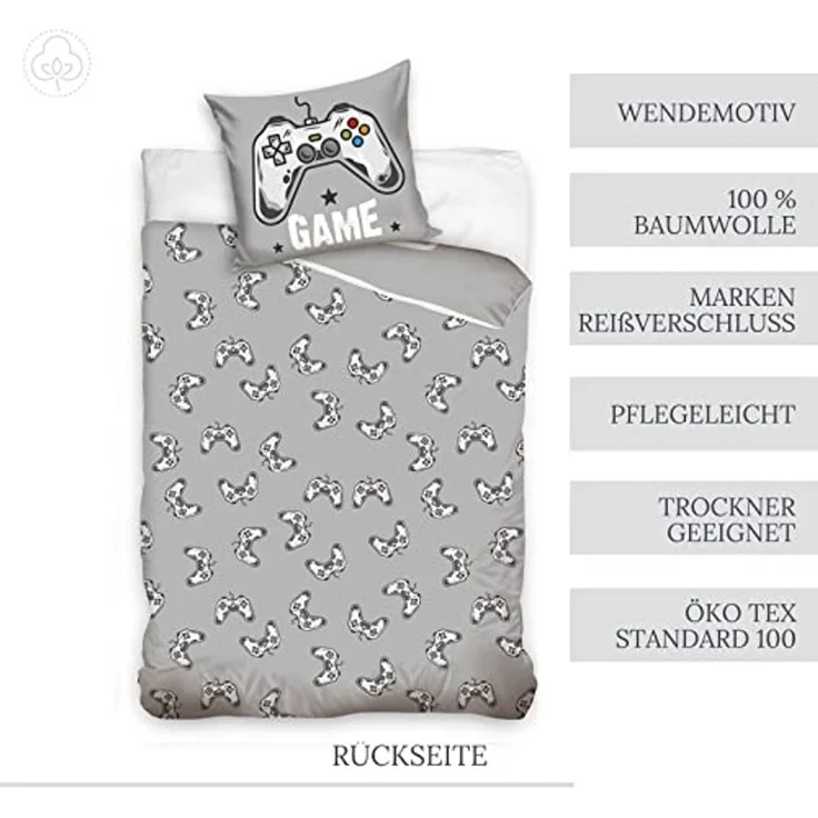 MTOnlinehandel Bettwäsche Gamer 135x200 + 80x80 cm, 100 % Baumwolle, Renforcé, 2 teilig, Zocken Gaming / Game Kinder-, Teenager-Bettwäsche – Bild 3