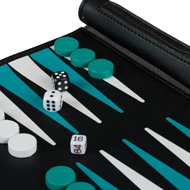 Relaxdays Backgammon zum Aufrollen, Reise-Brettspiel in schwarzer Lederoptik mit integrierter Tasche für Spielsteine und Würfel – Bild 6
