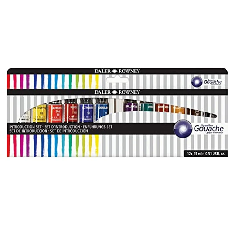 Daler Rowney Aquafine Gouachefarbe Einführungsset, 12 hochpigmentierte Farben à 15 ml Tuben, wasserbasierte, deckende Aquarellfarben für Leinwand und Papier – Bild 1