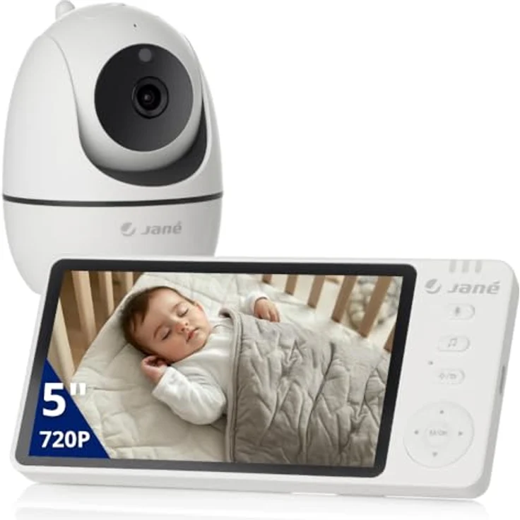Jané Eye Pro Baby-Monitor, Babyphone mit rotierender Kamera, 5 Zoll Farbdisplay, motorisierte Neigungsverstellung, weiß – Bild 1
