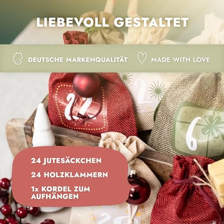 AMARI ® Adventskalender zum Befüllen Stoff - 24 Jutesäckchen (mit Holzklammern und Kordel) zum Basteln für Weihnachten - Stoffbeutel Adventskalender wiederverwendbar – Bild 2