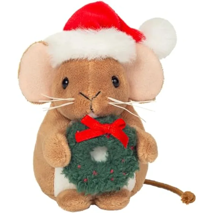 Teddy Hermann® Weihnachtsmaus Kuscheltier mit Kranz, 11 cm - Flauschige Dekofigur in festlichem Design