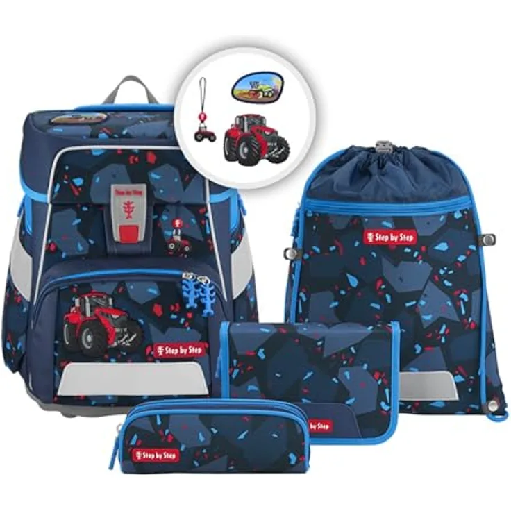 Step by Step Schulranzen-Set Space „Tractor Freddy“ 5-teilig, blau, ergonomischer Tornister mit Reflektoren, höhenverstellbar mit Hüftgurt, 20L