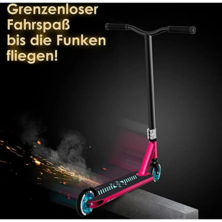 KESSER® Stunt Scooter X-Limit-Pro 360° Lenkung Funscooter Stuntscooter mit Ständer ABEC 9 Kugellagern, 110 mm PU Räder , Kickscooter Tretroller Cityroller Trick Roller für Kinder Erwachsene Pink / Turqouise – Bild 3